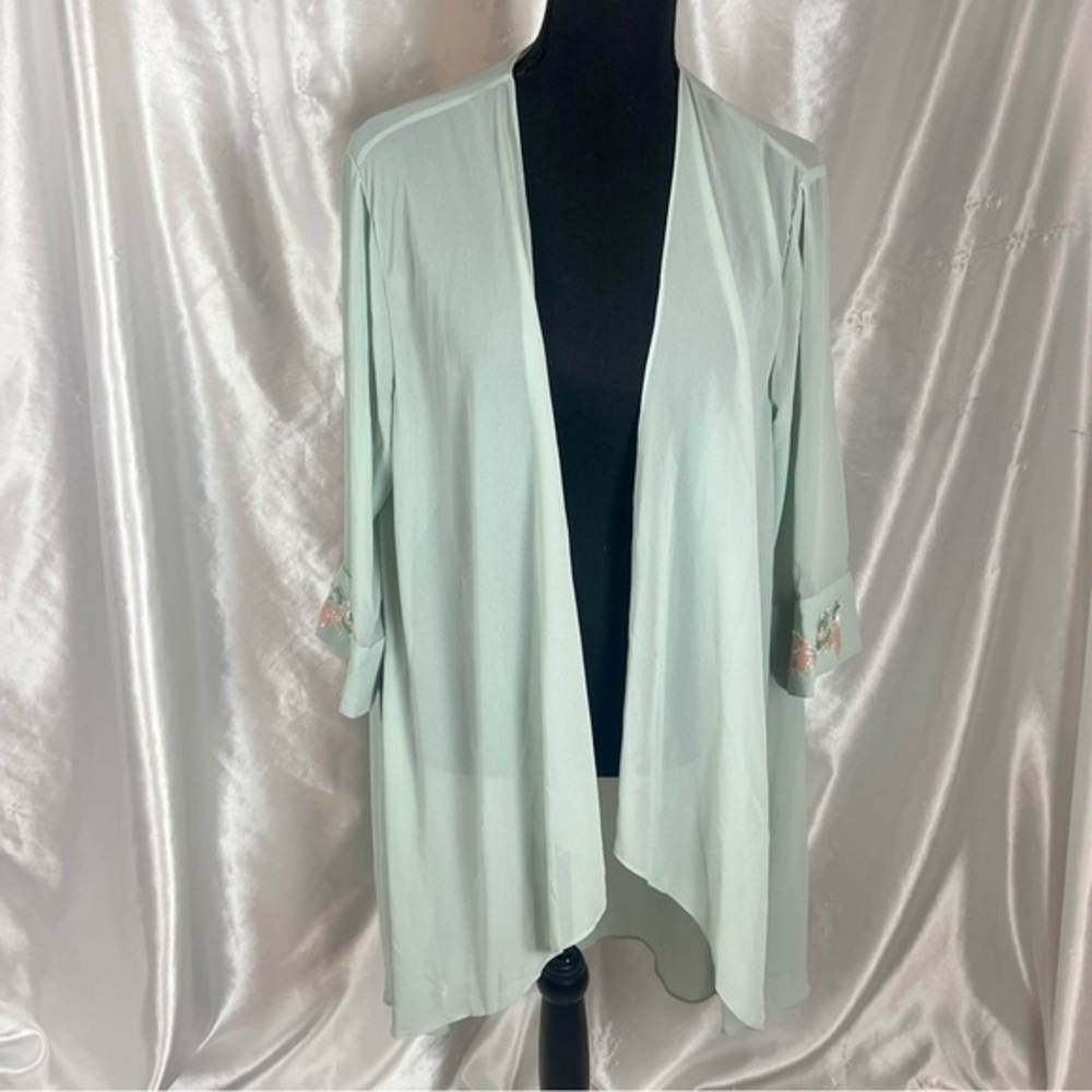 Mint Green Sheer Embroidered Sequin Kimono Cardigan Boho Festival L